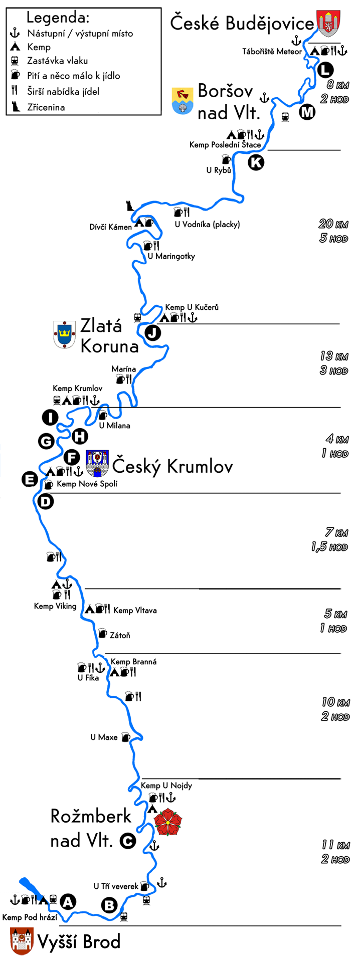 Vodácká mapa Vltavy - občerstvení, jezy, kempy